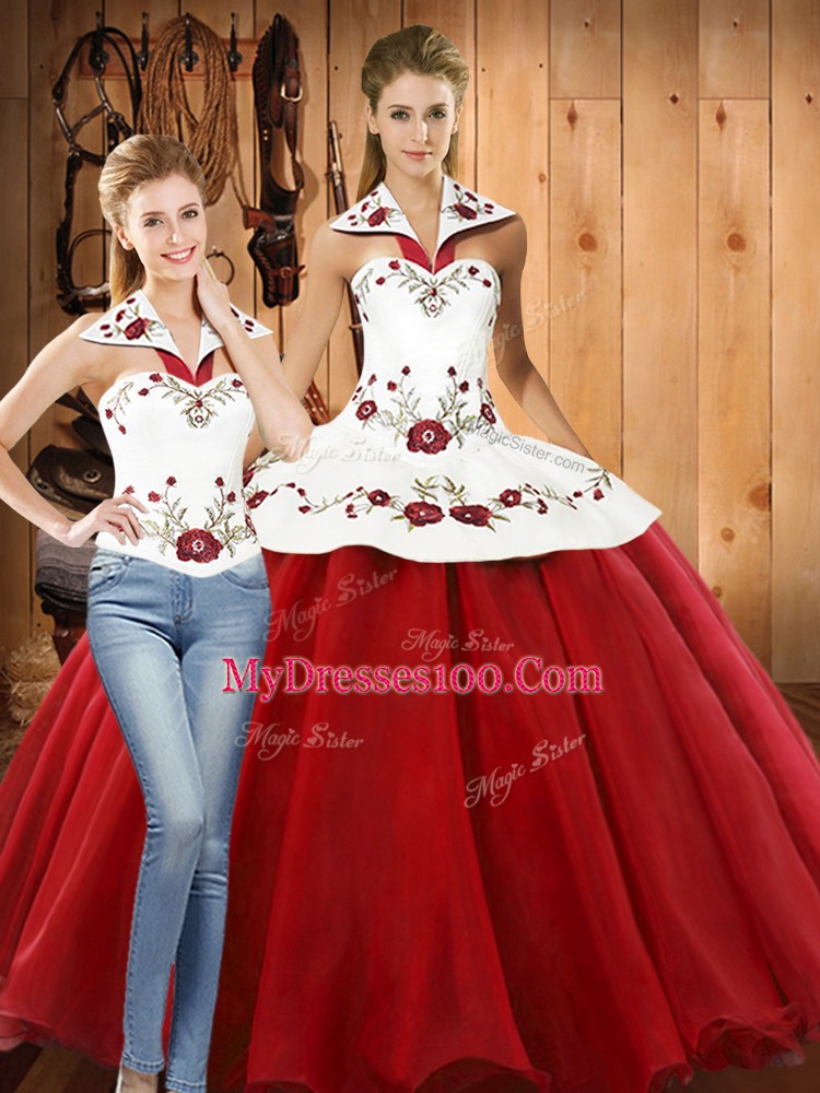 Elegant Embroidery 15th Birthday Dress White And Red Lace Up Sleeveless Floor Length