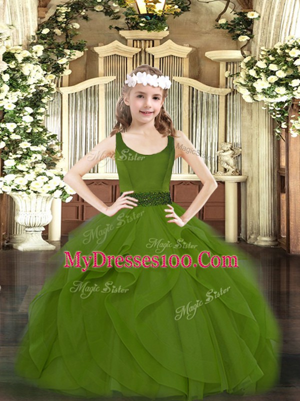 Beading and Ruffles Pageant Gowns For Girls Olive Green Zipper Sleeveless Floor Length