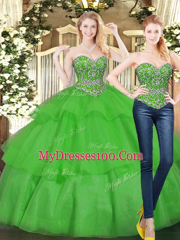 Trendy Floor Length Lace Up Quinceanera Gowns Green for Military Ball and Sweet 16 and Quinceanera with Beading and Ruffled Layers