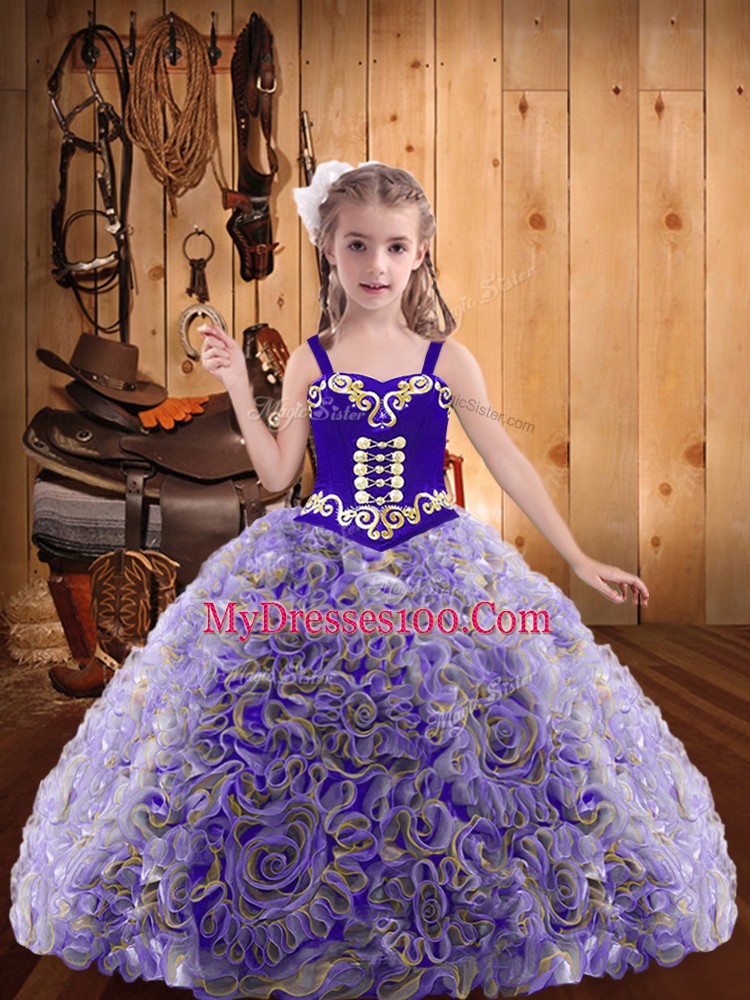 Multi-color Lace Up Straps Embroidery and Ruffles Little Girl Pageant Gowns Fabric With Rolling Flowers Sleeveless