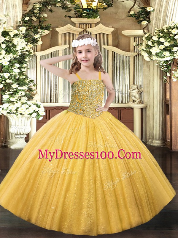Trendy Gold Lace Up Straps Beading Child Pageant Dress Tulle Sleeveless