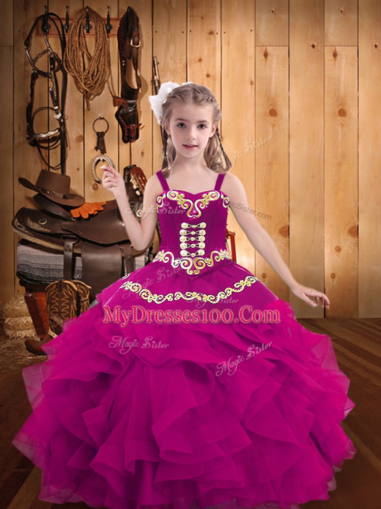 Straps Sleeveless Lace Up Pageant Dress Womens Fuchsia Organza