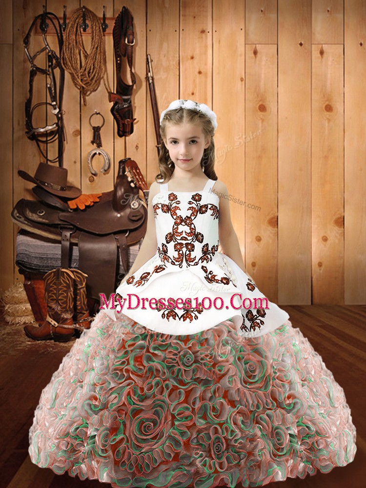 Enchanting Multi-color Fabric With Rolling Flowers Lace Up Kids Pageant Dress Sleeveless Floor Length Embroidery