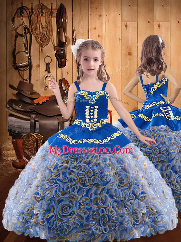 Fabric With Rolling Flowers Sleeveless Floor Length Pageant Gowns For Girls and Embroidery and Ruffles