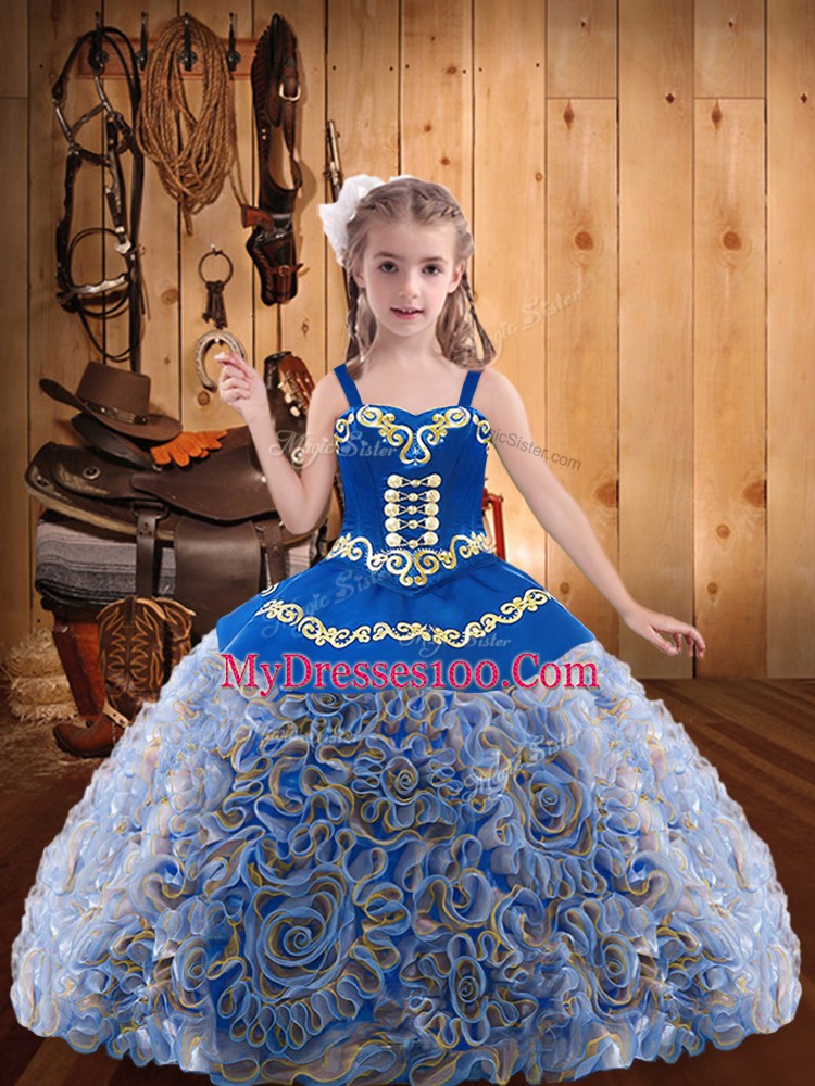 Fabric With Rolling Flowers Sleeveless Floor Length Pageant Gowns For Girls and Embroidery and Ruffles