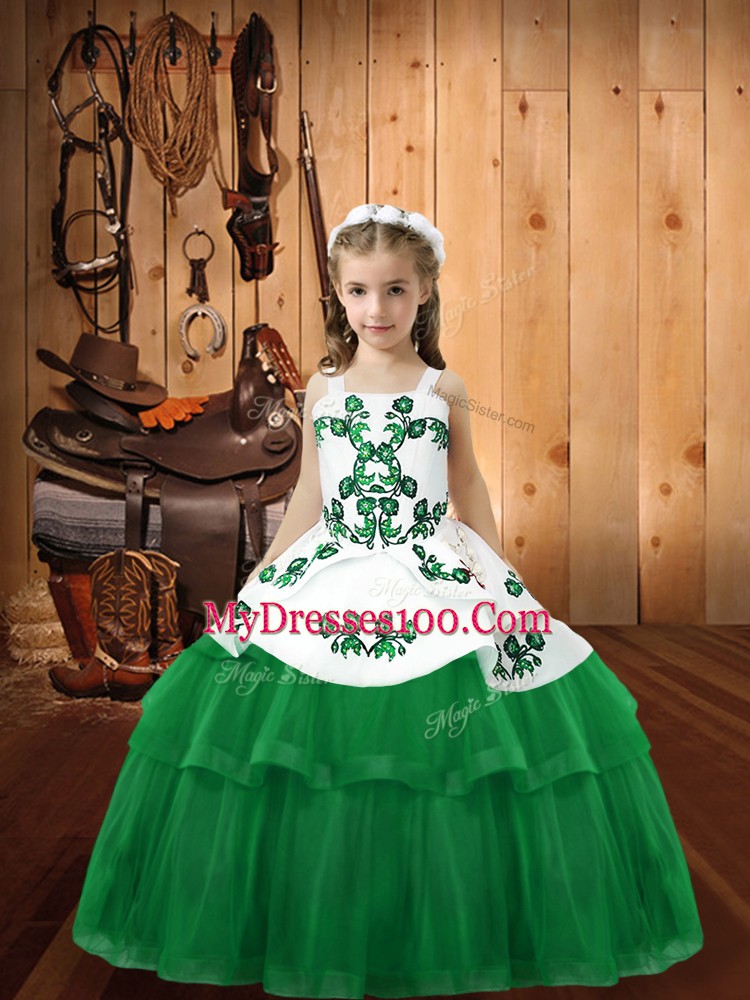Green Ball Gowns Straps Sleeveless Tulle Floor Length Lace Up Embroidery Girls Pageant Dresses