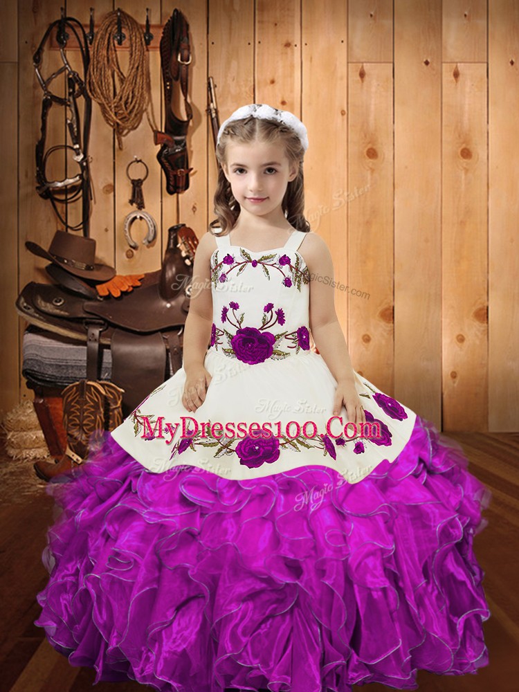 Organza Straps Sleeveless Lace Up Embroidery and Ruffles and Hand Made Flower Little Girls Pageant Dress in Fuchsia
