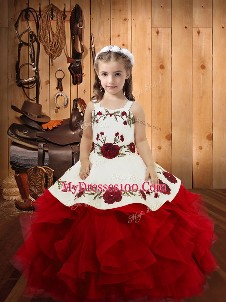 Wine Red Sleeveless Floor Length Embroidery and Ruffles Lace Up Kids Pageant Dress