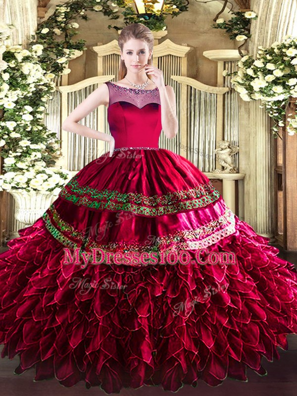 Scoop Sleeveless Sweet 16 Dress Floor Length Beading and Ruffles Coral Red Organza