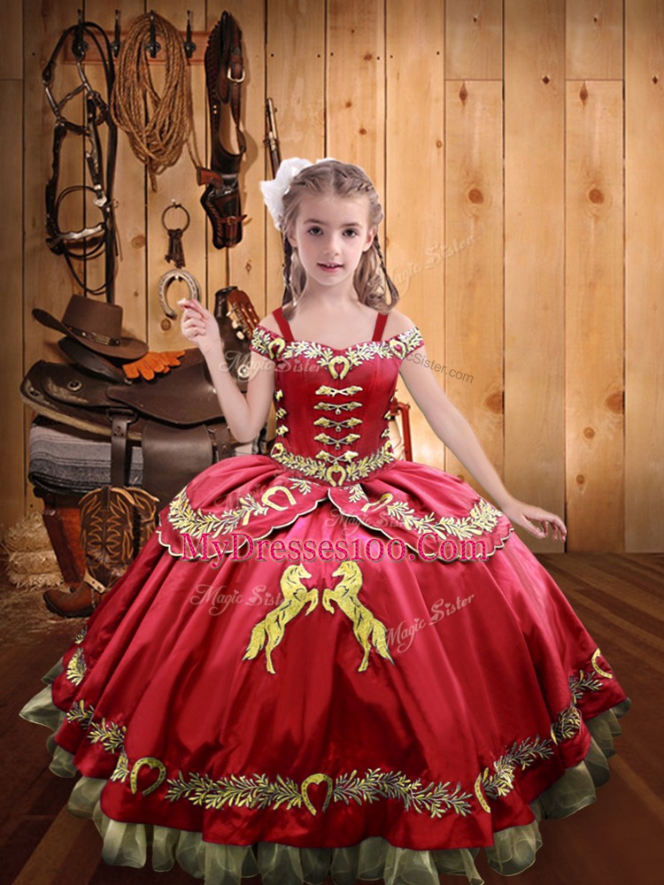Wonderful Embroidery Little Girls Pageant Dress Wholesale Coral Red Lace Up Sleeveless Floor Length