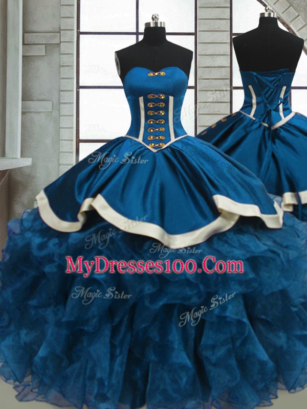 Sweet Blue Ball Gowns Organza Sweetheart Sleeveless Beading and Ruffles Floor Length Lace Up Sweet 16 Dress