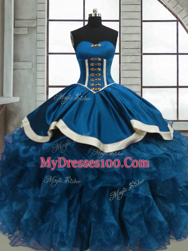 Sweet Blue Ball Gowns Organza Sweetheart Sleeveless Beading and Ruffles Floor Length Lace Up Sweet 16 Dress