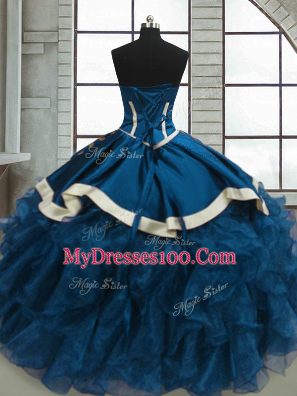 Sweet Blue Ball Gowns Organza Sweetheart Sleeveless Beading and Ruffles Floor Length Lace Up Sweet 16 Dress
