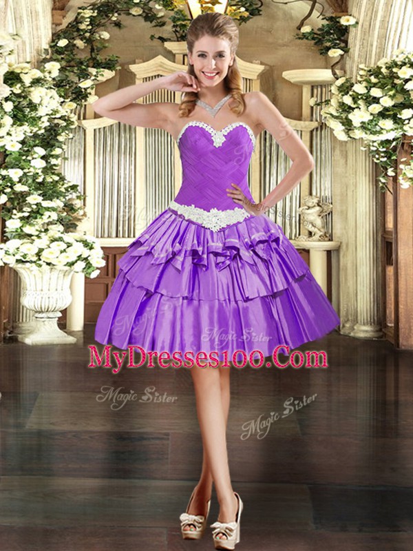 Wonderful Eggplant Purple Organza Lace Up Sweetheart Sleeveless Mini Length Casual Dresses Appliques and Ruffled Layers