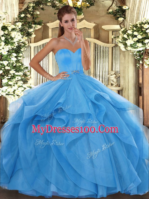 Dramatic Baby Blue Sleeveless Tulle Lace Up Vestidos de Quinceanera for Military Ball and Sweet 16 and Quinceanera