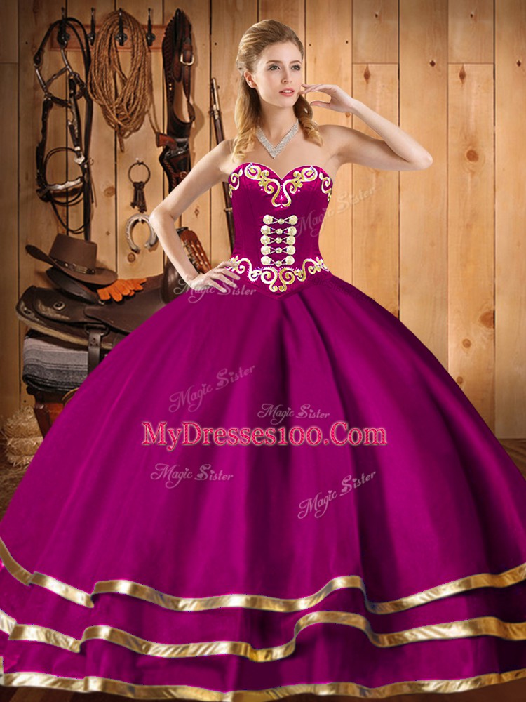 Glamorous Fuchsia Organza Lace Up Sweetheart Sleeveless Floor Length 15 Quinceanera Dress Embroidery