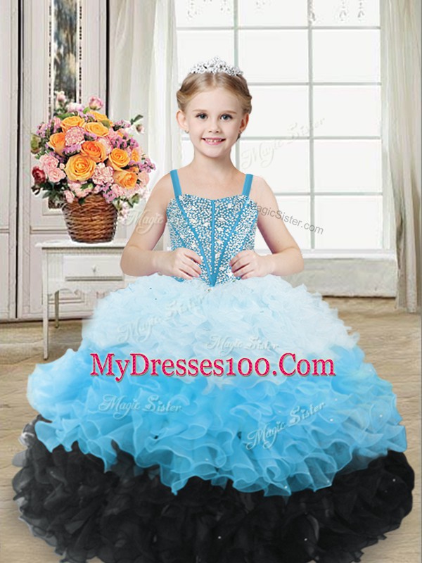 Multi-color Organza Lace Up Sweetheart Sleeveless Floor Length Pageant Dress for Girls Beading and Ruffles