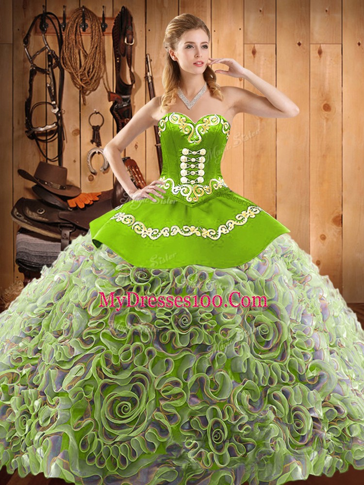 Decent Multi-color Lace Up Sweetheart Embroidery Quinceanera Dress Satin and Fabric With Rolling Flowers Sleeveless Sweep Train