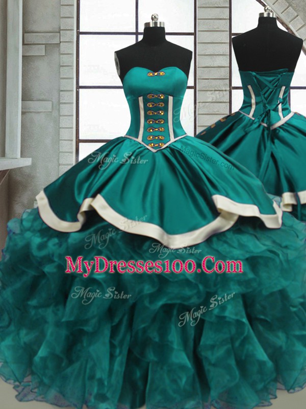Excellent Teal Organza Lace Up Sweetheart Sleeveless Floor Length 15 Quinceanera Dress Beading and Ruffles