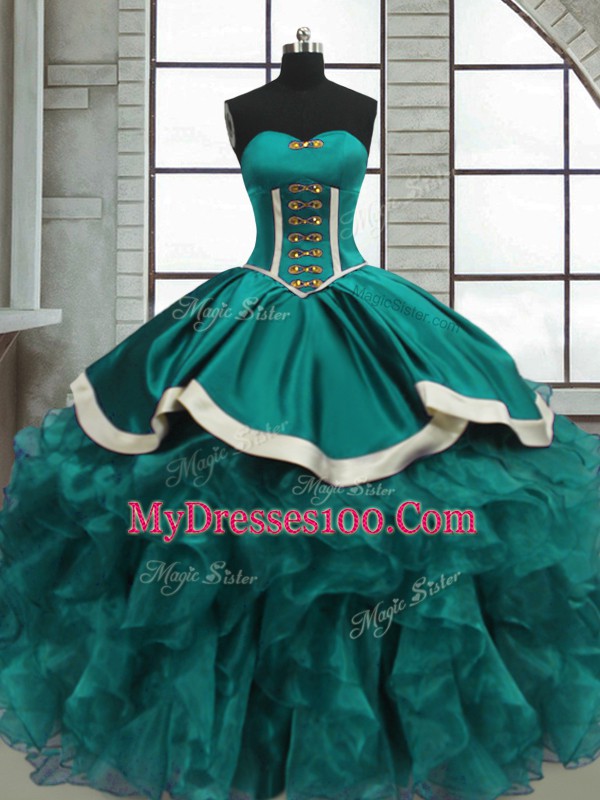 Excellent Teal Organza Lace Up Sweetheart Sleeveless Floor Length 15 Quinceanera Dress Beading and Ruffles