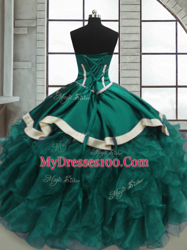 Excellent Teal Organza Lace Up Sweetheart Sleeveless Floor Length 15 Quinceanera Dress Beading and Ruffles