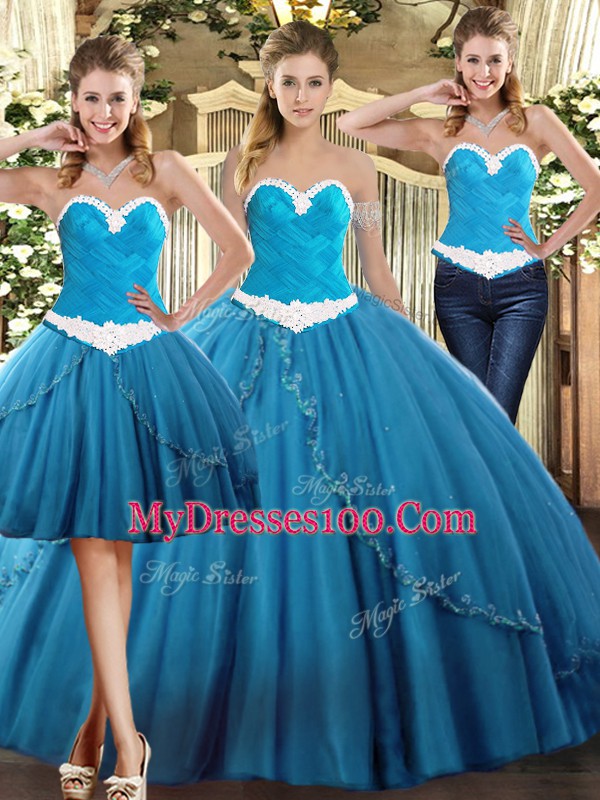 Ball Gowns Quince Ball Gowns Teal Sweetheart Tulle Sleeveless Floor Length Lace Up