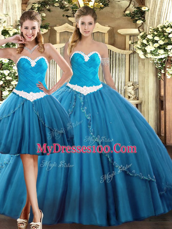 Ball Gowns Quince Ball Gowns Teal Sweetheart Tulle Sleeveless Floor Length Lace Up
