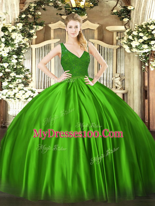 Free and Easy Green Zipper V-neck Beading Sweet 16 Dress Taffeta Sleeveless