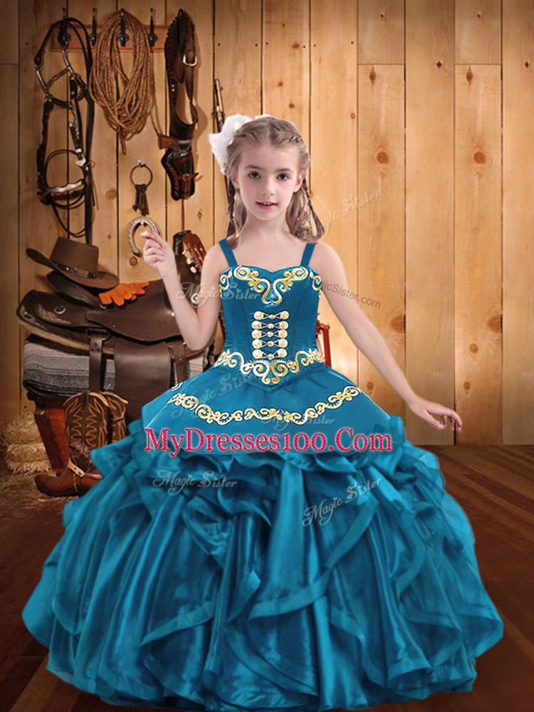 Super Floor Length Lace Up Kids Pageant Dress Teal for Party and Quinceanera and Wedding Party with Embroidery and Ruffles