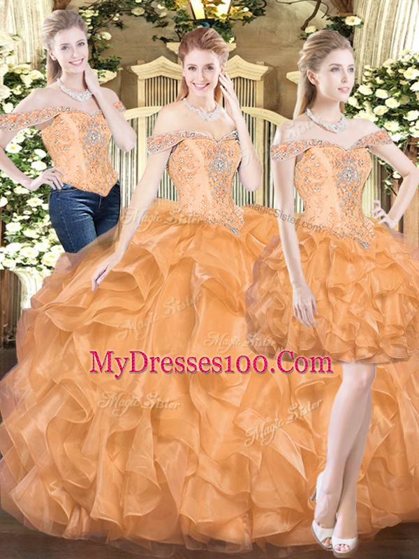 Off The Shoulder Sleeveless Organza Quinceanera Gowns Ruffles Lace Up