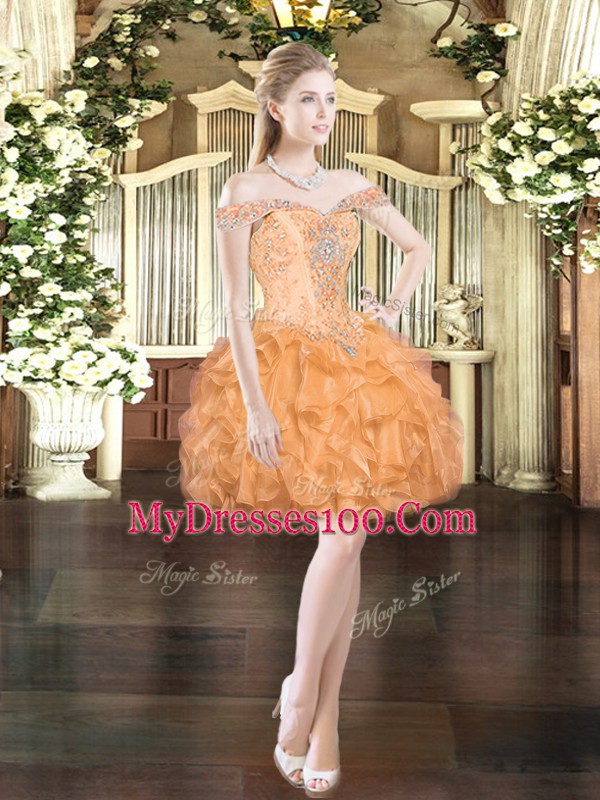 Off The Shoulder Sleeveless Organza Quinceanera Gowns Ruffles Lace Up