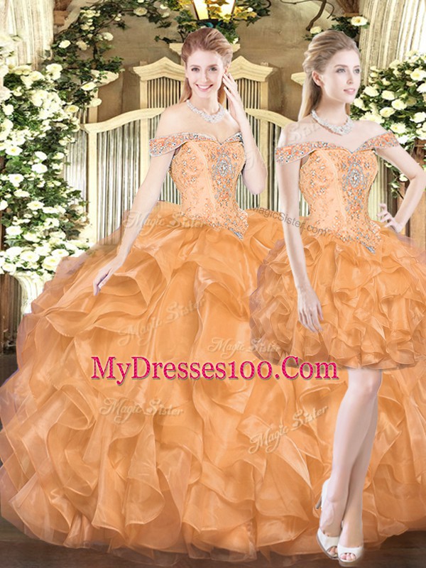 Off The Shoulder Sleeveless Organza Quinceanera Gowns Ruffles Lace Up