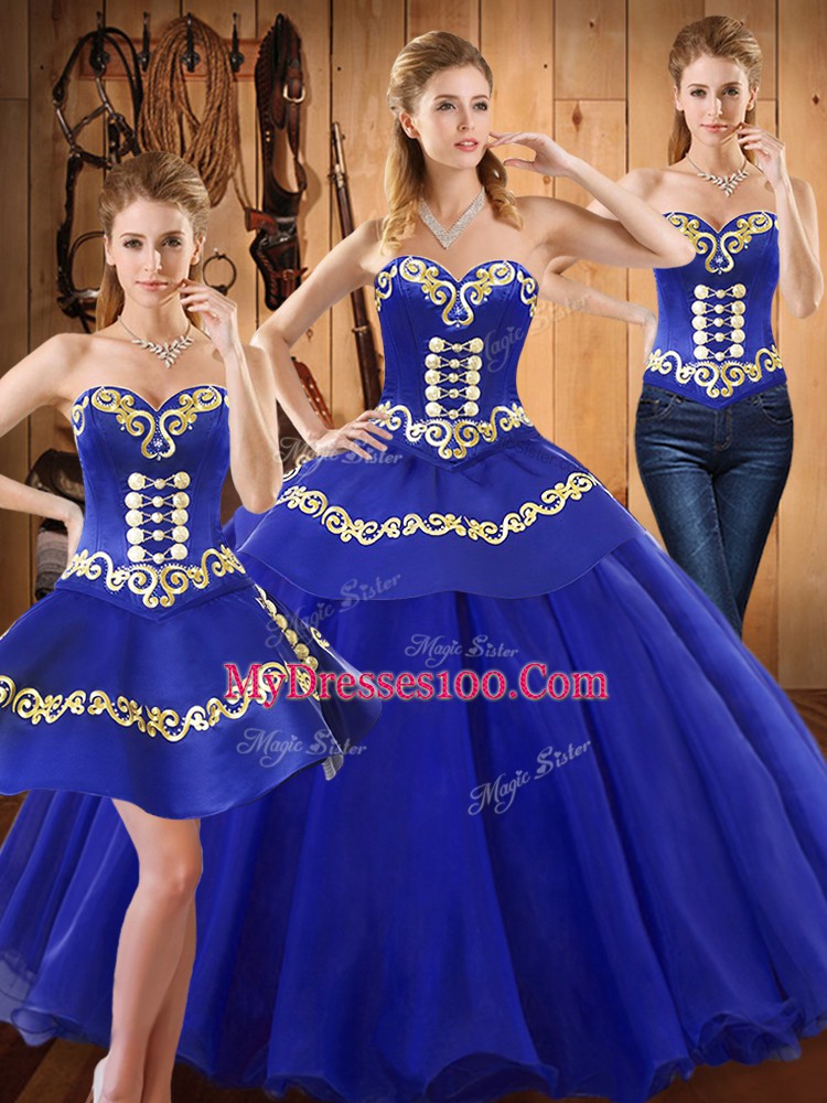 Sleeveless Tulle Floor Length Lace Up Quinceanera Dress in Blue with Embroidery