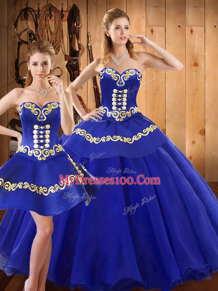 Sleeveless Tulle Floor Length Lace Up Quinceanera Dress in Blue with Embroidery
