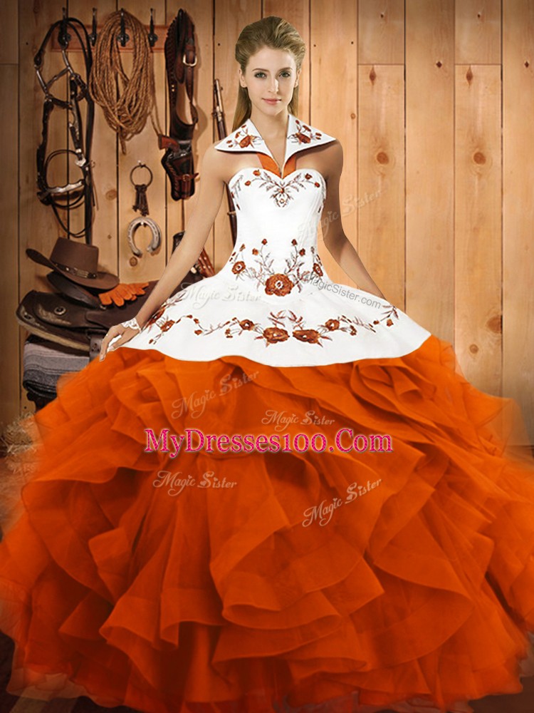 Halter Top Sleeveless Vestidos de Quinceanera Floor Length Embroidery and Ruffles Orange Red Tulle