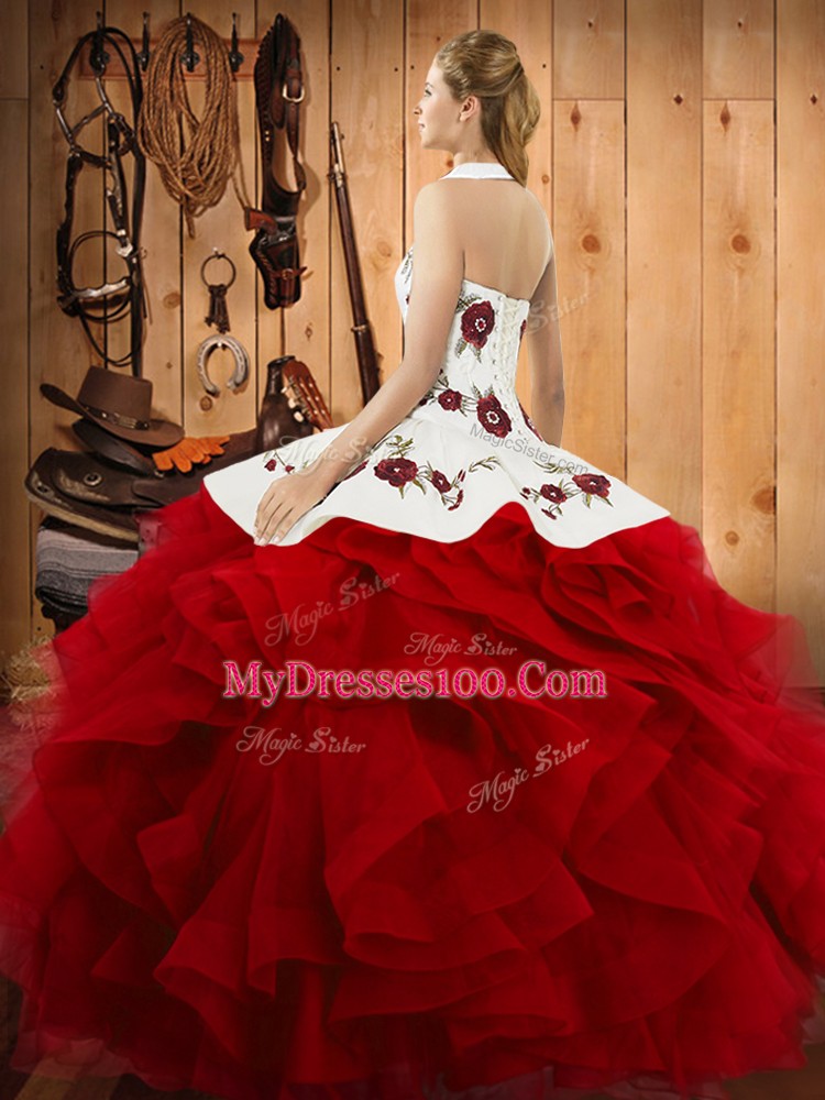 Halter Top Sleeveless Vestidos de Quinceanera Floor Length Embroidery and Ruffles Orange Red Tulle