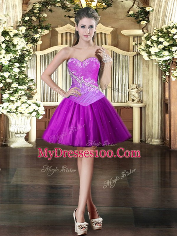 Graceful Purple Tulle Lace Up Sweetheart Sleeveless Mini Length Prom Gown Beading