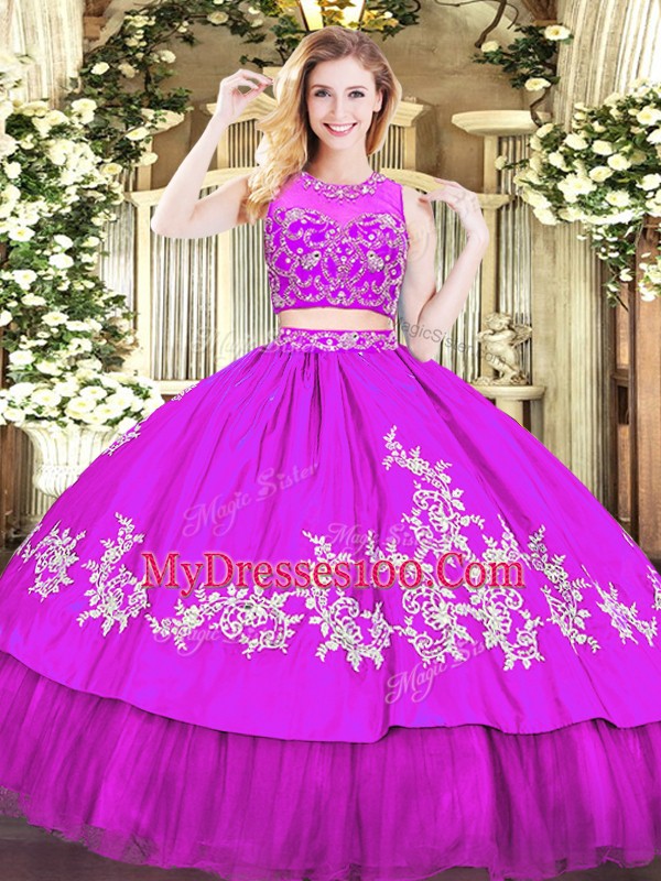 Beading and Appliques 15th Birthday Dress Purple Zipper Sleeveless Floor Length
