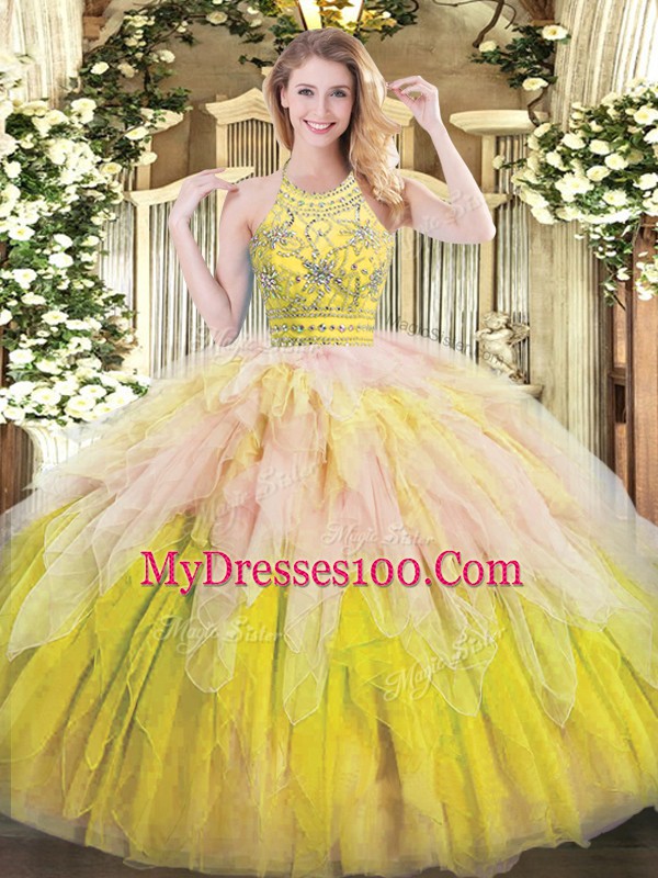 Multi-color Zipper Halter Top Beading and Ruffles 15th Birthday Dress Tulle Sleeveless