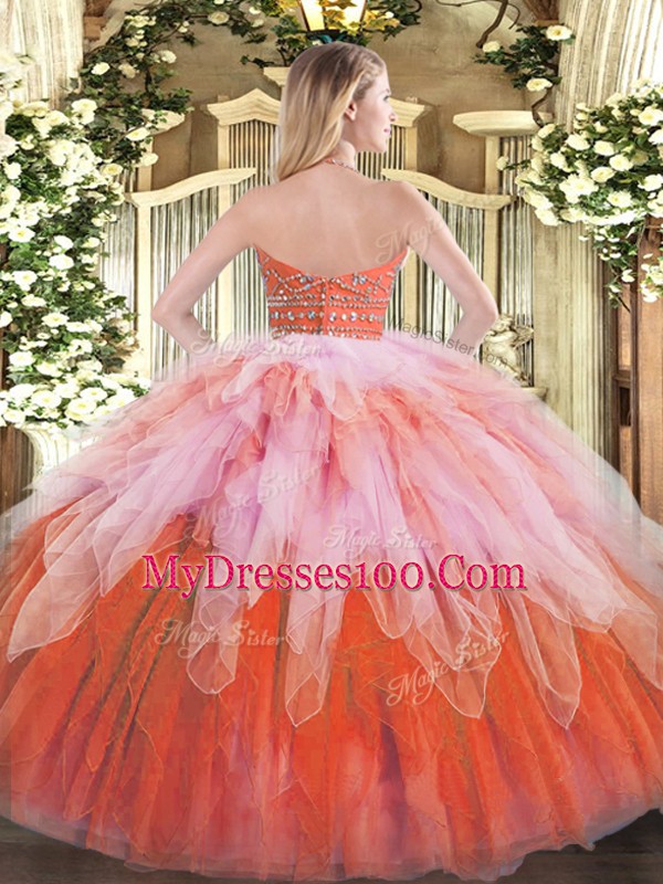 Multi-color Zipper Halter Top Beading and Ruffles 15th Birthday Dress Tulle Sleeveless