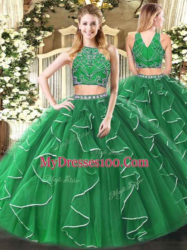 Admirable Green Tulle Zipper High-neck Sleeveless Floor Length Vestidos de Quinceanera Beading and Ruffles