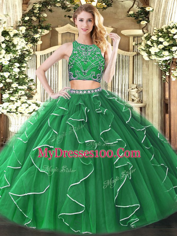 Admirable Green Tulle Zipper High-neck Sleeveless Floor Length Vestidos de Quinceanera Beading and Ruffles