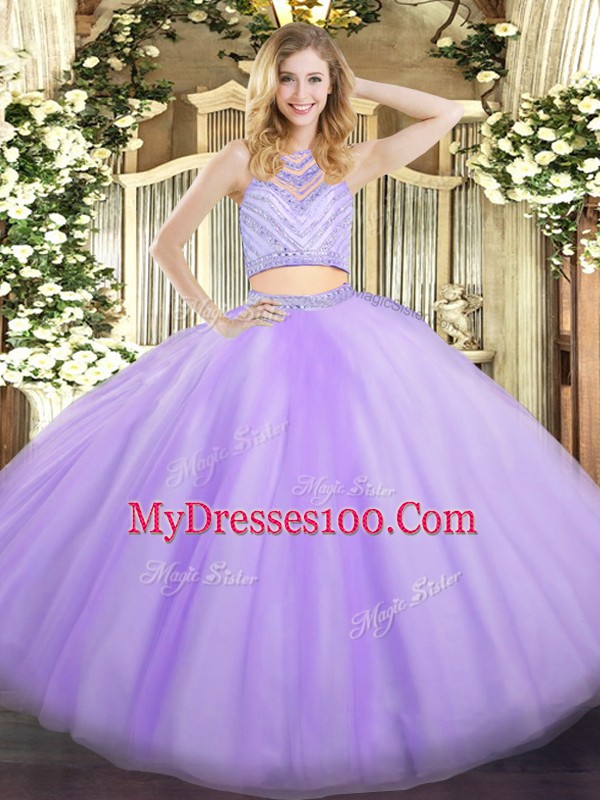 Gorgeous Sleeveless Tulle Floor Length Zipper 15 Quinceanera Dress in Lavender with Beading
