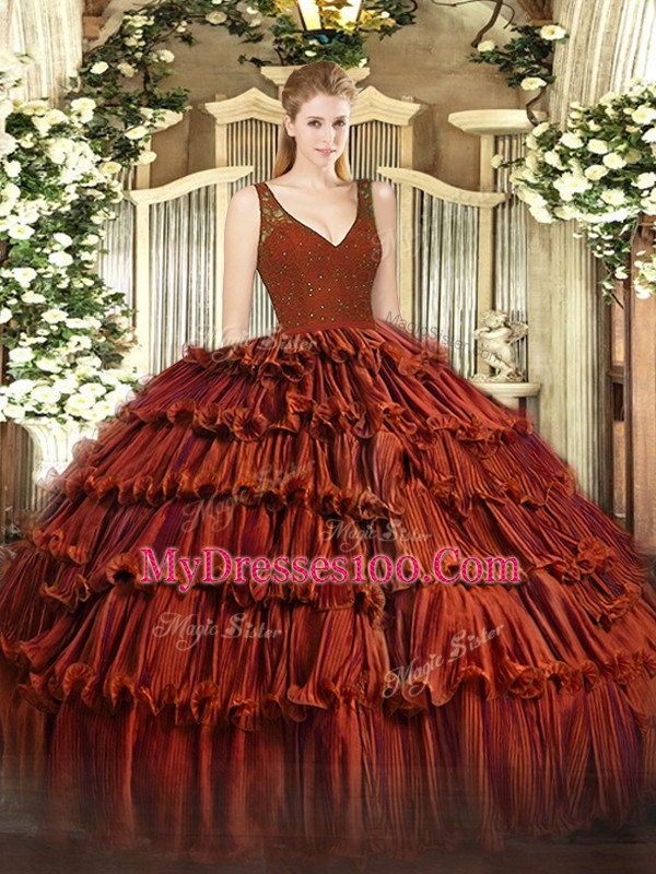 Ball Gowns Ball Gown Prom Dress Rust Red V-neck Organza Sleeveless Floor Length Zipper