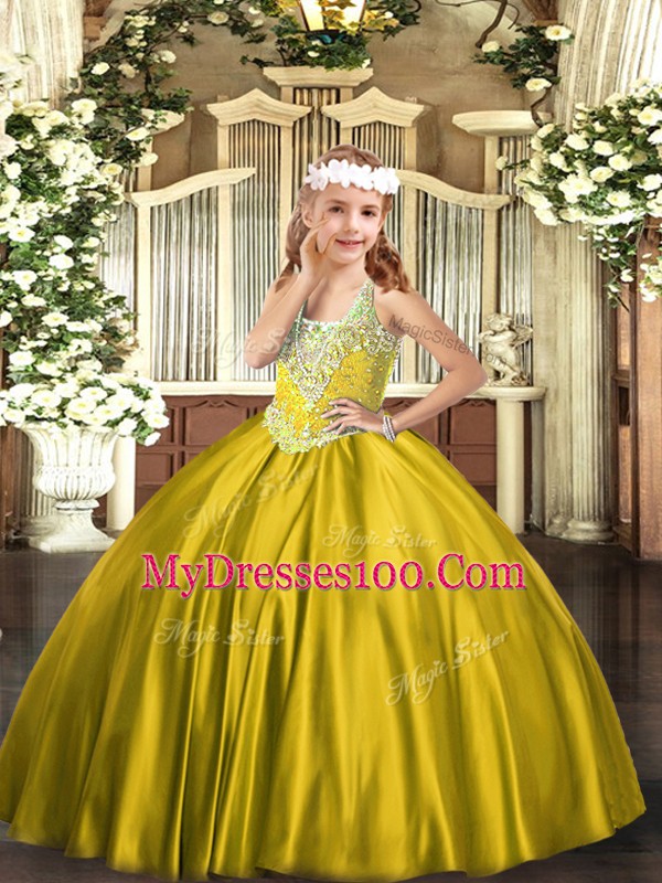 Perfect V-neck Sleeveless Pageant Gowns Floor Length Beading Gold Satin