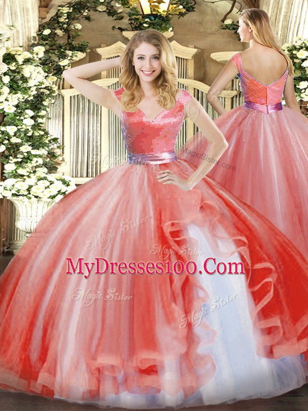 Suitable Watermelon Red Sleeveless Floor Length Ruffles Zipper Quinceanera Gowns
