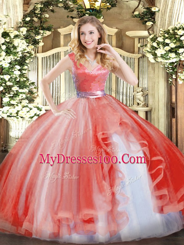 Suitable Watermelon Red Sleeveless Floor Length Ruffles Zipper Quinceanera Gowns
