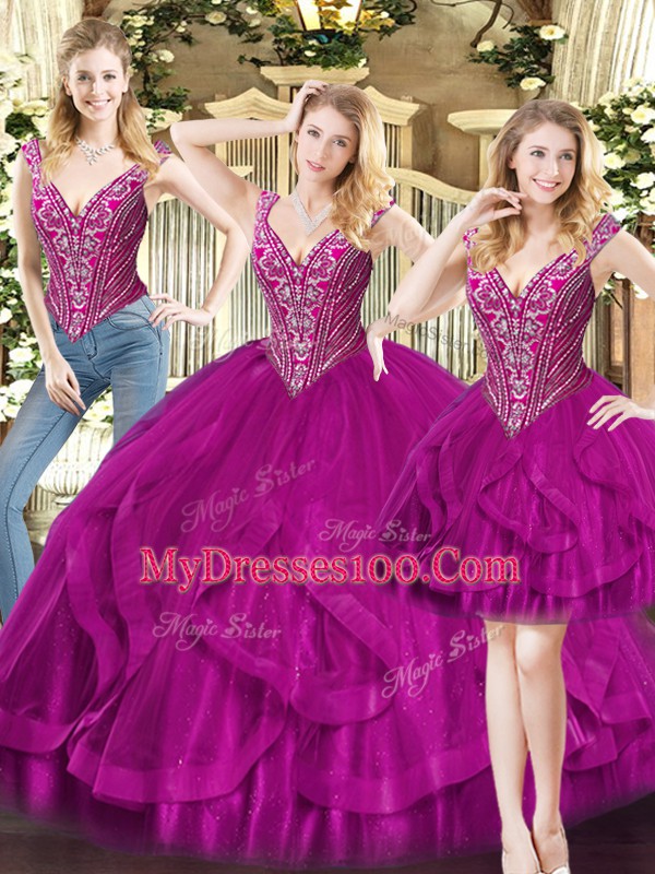 Fuchsia Sleeveless Beading and Ruffles Floor Length Vestidos de Quinceanera