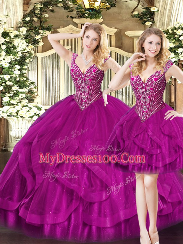 Fuchsia Sleeveless Beading and Ruffles Floor Length Vestidos de Quinceanera