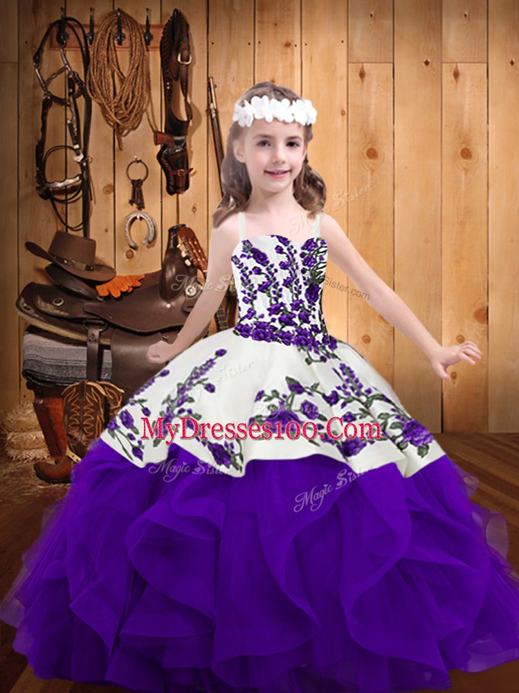 White And Purple Sleeveless Floor Length Embroidery and Ruffles Lace Up Pageant Dresses